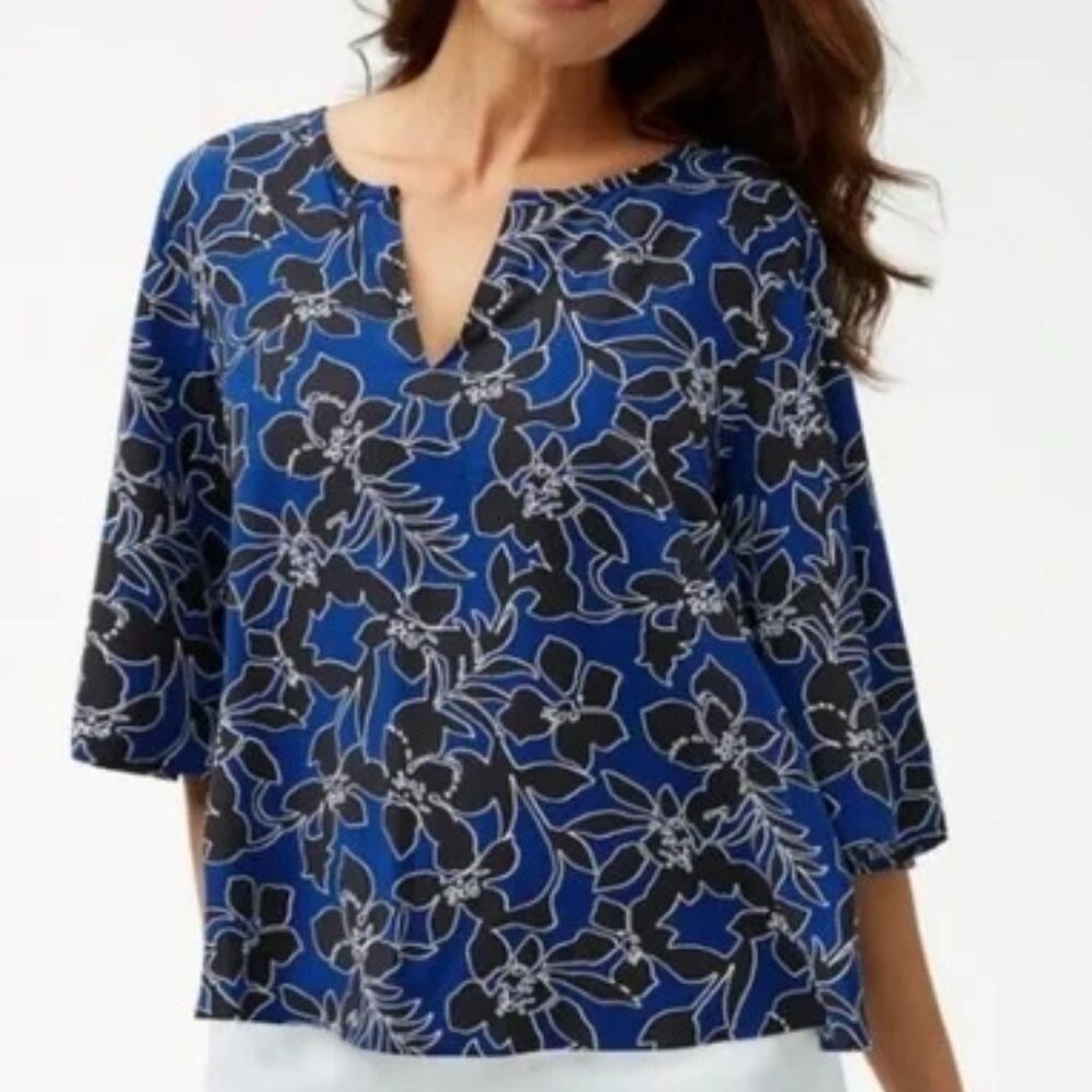 Tommy Bahama Blue Flower Print Flutter A-line Blouse Size L